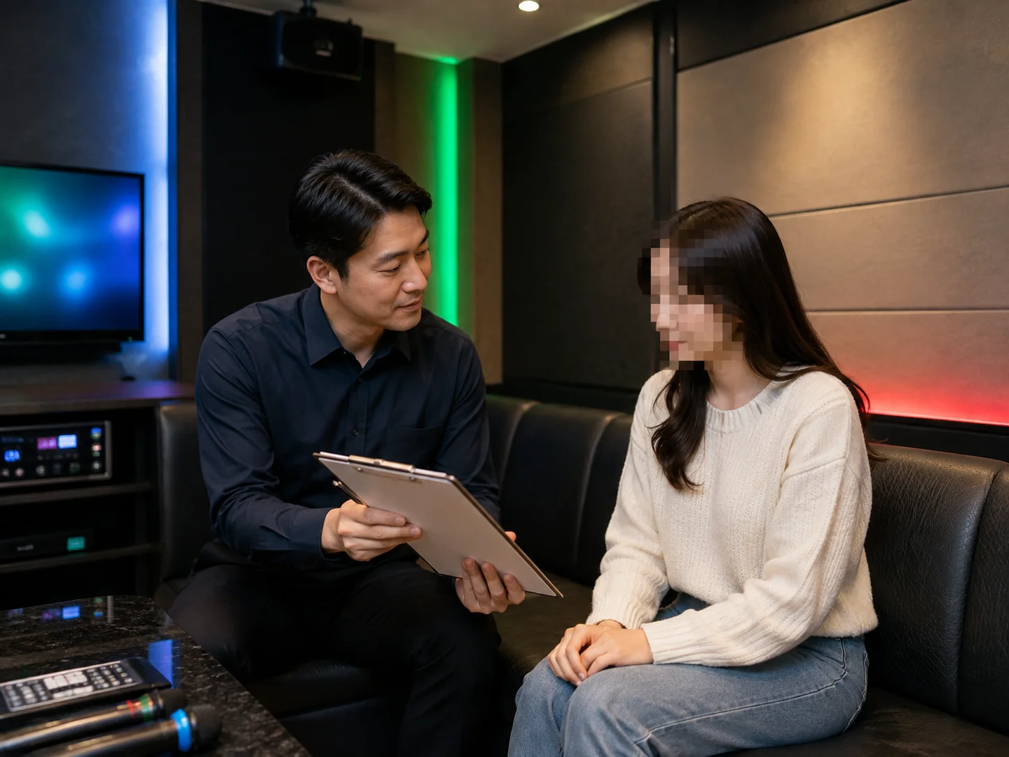 대구동구 노래방알바 지원자에게 체크리스트를 설명하는 면접 장면